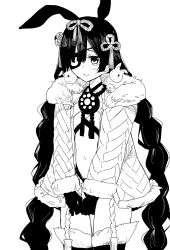 1girl absurdres animal_ears braid commentary_request cowboy_shot eyepatch fate/grand_order fate_(series) fur-trimmed_jacket fur_trim gloves hair_ornament highres jacket long_hair long_sleeves mochizuki_chiyome_(dream_portrait)_(fate) mochizuki_chiyome_(fate) monochrome navel rabbit_ears simple_background solo stomach tanuki_(siutkm0228) tassel tassel_hair_ornament twin_braids white_background