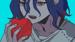 Rule 34 | 1boy, apple, blue background, blue hair, close-up, colored inner hair, food, fruit, gundam, gundam gquuuuuux, half-closed eyes, highres, holding, holding food, holding fruit, kumo (sharonyann86798), lower eyelashes only, male focus, multicolored hair, open mouth, purple hair, red eyes, shirt, short hair, shuji ito, simple background, solo, two-tone hair, white shirt