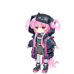 1girl :&lt; a-pose backpack bag chibi expressionless full_body game_cg gloom_(expression) hata_no_kokoro hata_no_kokoro_(multi-display3r) headphones headphones_around_neck highres hood hood_up hooded_jacket jacket long_hair official_art pink_eyes pink_hair rotte_(1109) shoes sneakers solo sprite tachi-e thighhighs third-party_source touhou touhou_lostword very_long_hair white_background