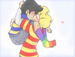 artist_request bad_tag black_hair blonde_hair carrying kiss lucas_(mother) lucas_(mother_3) mother_(series) mother_2 mother_3 ness ness_(mother_2) nintendo rainbow_socks shirt shota striped striped_clothes striped_shirt super_smash_bros. yaoi