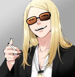 1boy arm_up black-framed_eyewear black_shirt blonde_hair cigarette commentary_request eyes_visible_through_eyewear fate/grand_order fate_(series) grey_background highres holding holding_cigarette jewelry layered_clothes long_hair looking_at_viewer male_focus necklace open_clothes open_mouth open_shirt orange-tinted_eyewear shirt simple_background smile solo sunglasses teeth tezcatlipoca_(fate) tinted_eyewear tsugu_106 upper_teeth_only v-neck white_shirt