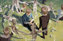 6+boys absurdres arm_belt belt black_belt black_pants blazer blue_eyes blue_tunic brown_footwear brown_hair brown_jacket brown_pants brown_suit character_request child child&#039;s_drawing circle closed_mouth commentary copyright_request crest expressionless field flower flower_field formal_clothes from_above from_behind full_body grass highres holding holding_knife hood hood_down hoodie jacket knife layered_sleeves leaning_forward leon_s._kennedy long_sleeves male_focus multiple_boys outstretched_arm pants paper_cutout resident_evil shirt shoes short_hair short_over_long_sleeves short_sleeves sitting standing streamers suit symbol-only_commentary toy_block tunic watermark weibo_watermark white_flower white_hoodie white_shirt xianyu_chuan