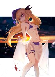 Rule 34 | 1girl, absurdres, bikini, blonde hair, blush, breasts, character request, copyright request, cowboy shot, crab, eranahh, floating hair, frills, highres, looking back, navel, purple bikini, small breasts, solo, swimsuit, thigh strap, twintails, upper body, water drop