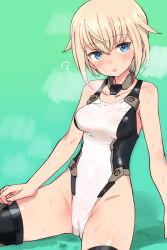 1girl :o ? black_thighhighs blonde_hair blue_eyes blush breasts cameltoe commentary_request competition_swimsuit covered_navel frame_arms_girl gourai green_background highleg highleg_one-piece_swimsuit looking_at_viewer mecha_musume one-piece_swimsuit shimada_fumikane short_hair sitting small_breasts solo sweat swimsuit thighhighs