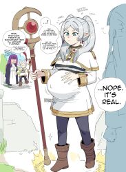 2girls absurdres blue_eyes elf english_text fern_(sousou_no_frieren) frieren highres instant_pregnancy long_hair multiple_girls noodlemage outdoors pointy_ears pregnant purple_hair rapid_pregnancy sousou_no_frieren speech_bubble twintails white_hair