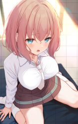 1girl aqua_eyes blush breasts brown_skirt collared_shirt highres komone_ushio large_breasts long_sleeves medium_hair necktie open_mouth original pink_hair shirt sitting skirt socks solo thighs wariza white_necktie white_shirt white_socks