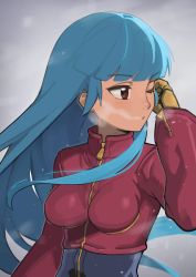 1girl absurdres blue_hair blunt_bangs breath cropped_jacket grey_background hand_on_own_head highres jacket kula_diamond long_hair multicolored_jacket one_eye_closed red_eyes sleepy_frippy snow solo the_king_of_fighters zipper