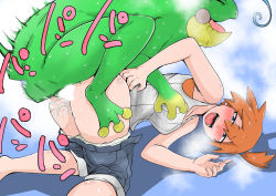 1boy 1girl ass bent_over bestiality blush breath chouku_tetsushitsuiwa cum cum_in_pussy denim frog gen_2_pokemon hetero image_sample misty_(pokemon) moaning motion_lines nintendo orange_hair perching_position pixiv_sample pokemon pokemon_(creature) pokemon_lgpe pokephilia politoed sex