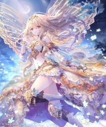bare_shoulders blonde_hair boots breasts character_request cloud detached_sleeves fairy_wings floating_hair frilled_skirt frills full_moon hair_between_eyes hand_up headpiece high_heel_boots high_heels highres holding holding_sword holding_weapon knee_boots long_hair long_sleeves looking_at_viewer medium_breasts moon navel night night_sky official_art onineko outdoors puffy_long_sleeves puffy_sleeves red_eyes shadowverse shadowverse:_worlds_beyond skirt sky star_(sky) starry_sky sword transparent_wings very_long_hair weapon white_skirt white_sleeves wings