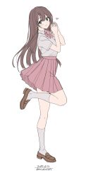 1girl absurdres blue_eyes blush bow breasts brown_hair highres kneehighs long_hair looking_at_viewer medium_breasts original pink_skirt pleated_skirt school_uniform shirt shoes short_sleeves simple_background skirt smile socks solo unasaka_ryou white_shirt white_socks
