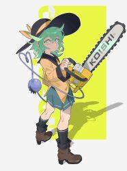 1girl black_hat boots brown_boots chainsaw character_name commentary eflo_(794753336) full_body green_eyes green_hair green_skirt hat hat_ribbon heart heart_of_string highres komeiji_koishi looking_at_viewer medium_hair ribbon shirt skirt solo standing symbol-only_commentary third_eye touhou yellow_background yellow_ribbon yellow_shirt