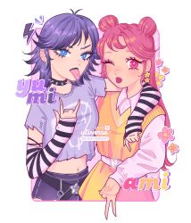 2girls ami_onuki belt heart hi_hi_puffy_amiyumi highres looking_at_viewer multiple_girls spikes tongue tongue_out v yumi_yoshimura