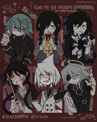 2girls 4boys absurdres ahoge angel angel_wings aqua_hair bags_under_eyes bandaged_arm bandages belt black_belt black_collar black_gloves black_hair black_nails black_necktie black_shirt black_suit black_thighhighs blood blood_on_face blood_on_hands bow bowtie braid brown_jacket brown_vest buttons character_name cigarette closed_mouth collar collared_shirt colored_skin commentary english_commentary english_text evil_smile expressionless eyepatch fingerless_gloves fins formal_clothes funamusea gloves grey_eyes grey_hair haiiro_teien hair_bow hair_over_one_eye halo hashtag head_fins heart heart_hands highres hitotose_zero holding holding_saw holding_sword holding_weapon jacket katagiri_mikari_(funamusea) kurai_yonaka long_hair low_ponytail medium_hair mogeko_castle multiple_boys multiple_drawing_challenge multiple_girls necktie oounabara_to_wadanohara open_mouth pale_skin parted_lips poison_bugs ponytail print_shirt purple_bow purple_eyes red_background red_bow red_bowtie red_eyes red_skirt scor_(funamusea) sharp_teeth shirt sidelocks six_fanarts_challenge skirt smile sparkle spiked_collar spikes suit sword syakesan_(funamusea) taewmr teeth thighhighs twin_braids twitter_username vest weapon white_hair white_shirt white_skin white_suit wings wodahs_(funamusea) yandere