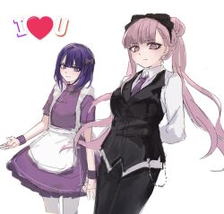 1boy 1girl apron brother_and_sister closed_mouth crossdressing heart highres long_hair looking_at_viewer looking_down maid_apron pink_eyes pink_hair purple_hair siblings simple_background the_hundred_line_-last_defense_academy- tsukumo_ima tsukumo_kako twins white_background