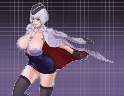 1girl absurdres bob_cut breasts cleavage coat decepticon gloves grid grid_background highres kotobukiya_bishoujo large_breasts looking_at_viewer megatron megatron_(kotobukiya_bishoujo) mokottsu necktie pencil_skirt purple_lips red_eyes short_hair skirt solo thighhighs transformers white_hair