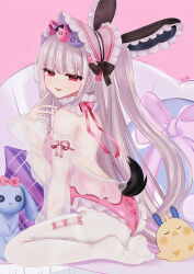 1girl absurdres animal_ears ass azur_lane bonnet fake_animal_ears frilled_leotard frills halford_(a_special_day_with_the_bunny_lord)_(azur_lane) halford_(azur_lane) highres leotard long_hair looking_at_viewer manjuu_(azur_lane) n_(mmi) official_alternate_costume one_side_up pantyhose parted_lips pink_bonnet pink_leotard playboy_bunny rabbit_ears red_eyes sitting smile white_hair white_pantyhose