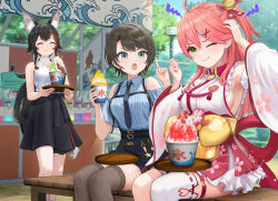 Rule 34 | 3girls, absurdres, ahoge, animal ears, aqua eyes, armpits, bare arms, bell, belt, belt pouch, black belt, black hair, black necktie, black skirt, blue shirt, braid, brain freeze, breasts, brown belt, brown hair, brown thighhighs, center frills, chest harness, closed mouth, clothing cutout, collared shirt, commentary request, crossed bangs, day, detached sleeves, double-parted bangs, eating, fingernails, food, frilled kimono, frilled thigh strap, frills, green eyes, hair bell, hair between eyes, hair ornament, hairclip, hakama, hakama short skirt, hakama skirt, halter shirt, halterneck, hands up, harness, high-waist skirt, highres, hip vent, holding, holding spoon, holding tray, hololive, japanese clothes, jewelry, jingle bell, kimono, large breasts, long hair, low ponytail, medal, miniskirt, multicolored hair, multiple girls, necklace, necktie, nontraditional miko, official alternate costume, one side up, ookami mio, ookami mio (street), oozora subaru, oozora subaru (police), open mouth, outdoors, pencil skirt, pink hair, pink skirt, police, police uniform, policewoman, ponytail, pouch, red hair, sakura miko, sakura miko (1st costume), shaved ice, shirt, shirt tucked in, short hair, short sleeves, shoulder cutout, side braid, sideless kimono, sidelocks, single thighhigh, sitting, skirt, sleeveless, sleeveless kimono, sleeveless shirt, spoon, standing, streaked hair, swept bangs, tabi, tail, tail around own leg, tail wrap, thigh strap, thighhighs, tray, v-shaped eyebrows, very long hair, virtual youtuber, wajuniorbox, wavy mouth, white shirt, white sleeves, white thighhighs, wide sleeves, wolf ears, wolf girl, wolf tail, x hair ornament