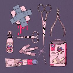 Rule 34 | artist name, bandaid, blood, blue hair, bottle, box, colored skin, commentary, dress, film grain, first aid kit, gauze, halftone, hat, myon (tokipi), needle, no humans, nurse, nurse cap, object focus, original, pink blood, pink skin, pliers, purple background, scissors, sewing needle, signature, simple background, sparkle, symbol-only commentary, tube, white dress