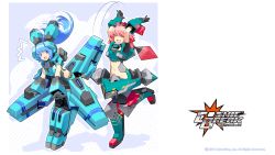 2girls blue_eyes blue_hair breasts cosmic_break highres lily_rain mecha_musume medium_breasts multiple_girls navel official_art official_wallpaper pink_hair sideboob skirt skirt_flip surprised twintails winberrl