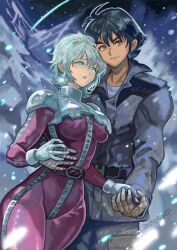 Rule 34 | 1boy, 1girl, absurdres, aina saharin, belt, black hair, blonde hair, blue eyes, brown coat, brown hair, coat, gloves, gundam, gundam 08th ms team, hand on another&#039;s waist, highres, holding hands, long sleeves, mecha pilot suit, medium hair, military uniform, normal suit (gundam), okrdisk2000, shiro amada, white gloves