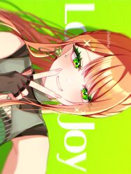 1girl english_text fingerless_gloves gakuen_idolmaster gloves green_background green_eyes highres idolmaster long_hair looking_at_viewer orange_hair salute shiun_sumika sideways sleeveless solo szmymsz two-finger_salute