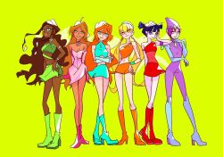 6+girls aisha_(winx_club) aqua_boots aqua_shorts armlet blonde_hair bloom_(winx_club) blue_eyes blunt_bangs bodysuit boots brown_hair chinese_commentary commentary_request dark-skinned_female dark_skin double_bun dress flora_(winx_club) full_body green_background green_boots hair_bun halterneck hand_on_own_hip high_heels highres jewelry long_hair looking_at_viewer magical_girl multiple_girls musa_(winx_club) off-shoulder_dress off_shoulder orange_boots orange_hair pink_boots pink_dress red_boots red_dress shorts simple_background single_off_shoulder skirt smile stella_(winx_club) tecna_(winx_club) twintails wings winx_club yuzikoz_mega