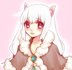 Rule 34 | 1girl, animal ears, blue brooch, blush, brown cape, cape, cat ears, cat girl, closed mouth, commentary request, fur-trimmed cape, fur trim, long hair, looking at viewer, official alternate costume, pink background, pink eyes, ragnarok online, shirokuro (erisnoa), simple background, smile, solo, upper body, warlock (ragnarok online), white hair