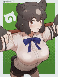 Rule 34 | 1girl, absurdres, animal ears, bear ears, bear girl, bear tail, bike shorts under skirt, blue bow, blue bowtie, blush, bow, bowtie, brown bear (kemono friends), brown eyes, brown gloves, brown hair, brown pantyhose, brown skirt, collared shirt, cowboy shot, elbow gloves, extra ears, fingerless gloves, gloves, green background, hair between eyes, highres, kemono friends, kemono friends 3, looking at viewer, multicolored hair, pantyhose, paw stick, pleated skirt, shirt, short hair, short sleeves, sidelocks, skirt, solo, t-shirt, tail, tlto1910, two-tone hair, white hair, white shirt