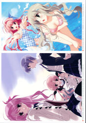 1girl 5girls absurdres antenna_hair arm_hug bent_over bikini black_coat black_thighhighs blonde_hair blue_bow blue_hair blue_sky blush bow bowtie breasts brown_coat brown_jacket buttons chaos;head checkered_clothes checkered_swimsuit cleavage cloud cloudy_sky coat collarbone collared_shirt double_arm_hug duffel_coat embarrassed exif_rotation floral_print floral_print_bikini fur-trimmed_coat fur_trim green_eyes green_hair hair_ornament hair_ribbon hairpin hand_on_own_hip happy head_tilt highres hood hooded_coat jacket kishimoto_ayase kusunoki_yua lapels leaning_forward light_particles long_hair long_sleeves looking_afar looking_at_another looking_at_viewer looking_back medium_breasts miniskirt multiple_girls necktie non-web_source notched_lapels ocean official_art one-piece_swimsuit open_clothes open_coat open_mouth orihara_kozue outdoors pink_bikini pink_eyes pink_hair plaid_bow plaid_bowtie plaid_clothes plaid_skirt pleated_skirt purple_bow purple_bowtie purple_necktie purple_skirt red_eyes ribbon sakihata_rimi sasaki_mutsumi school_uniform shining shirt short_hair side_ponytail skirt sky smile suimei_school_uniform sweatdrop swimsuit thick_thighs thighhighs thighs toggles tongue twintails water water_drop white_shirt winter winter_clothes winter_coat yellow_eyes