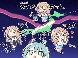 &gt;3&lt; &gt;_&lt; 2girls :d acrylic_stand_(object) black_bag black_socks blue_hair blue_skirt blush bow bowtie character_charm charm_(object) chibi chibi_only closed_eyes commentary_request crack cup disposable_cup doushitara_osananajimi_no_kanojo_ni_naremasu_ka!? fang green_eyes heart highres holding holding_cup hugging_object ikoma_minami_(osakano) japan kneeling leg_up light_blue_hair light_brown_hair long_hair makita_yuzu medium_skirt meta multiple_girls multiple_views o3o open_mouth outline pleated_skirt puckered_lips red_bow red_bowtie shirt short_hair short_sleeves sidelocks skin_fang skirt sky smile socks sparkle standing star_(sky) starry_sky tearing_up translation_request u_u white_outline white_shirt white_socks yasaka_syu yuri