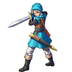 1boy aqua_hat aqua_tunic armor artist_request bag belt black_belt black_boots black_sleeves blue_gloves boots breastplate closed_mouth dragon_quest dragon_quest_rivals dragon_quest_vi full_body game_cg gloves hat highres holding holding_sword holding_weapon looking_at_viewer looking_to_the_side male_focus official_art pants purple_eyes sheath short_hair shoulder_bag solo sword terry_(dq6) third-party_source transparent_background tunic weapon white_hair white_pants