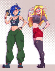 2girls absurdres black_tank_top blonde_hair blue_eyes blue_hair boots cartoon_network denim ed_edd_n_eddy green_pants highres jeans marie_kanker may_kanker mrdeathcat multiple_girls pants phone shirt simple_background smile spiked_wristband tank_top wristband