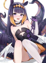 1girl absurdres artist_name bare_shoulders black_dress blunt_bangs center-flap_bangs center_opening commentary detached_collar detached_sleeves dress english_commentary english_text feet_out_of_frame gloves gradient_hair hair_ornament halo hand_up highres hololive hololive_english long_hair looking_at_viewer low_wings multicolored_hair ninomae_ina&#039;nis ninomae_ina&#039;nis_(1st_costume) orange_hair orange_skirt panties pantyshot pointy_ears purple_eyes purple_gloves purple_hair single_detached_sleeve single_thighhigh sitting skirt stealcoffins tentacle_hair tentacles thighhighs traditional_halo twitter_username underwear very_long_hair virtual_youtuber white_panties white_thighhighs white_wings wings