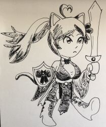 ahoge animal_ears bikini_top boots cat_ears cat_tail cosplay ed_t_dragon gloves hair_ornament heart heart_ahoge heart-shaped_hair highres indie_virtual_youtuber rydia_(ff4)_(cosplay) saralene shield sketch sword tail twintails virtual_youtuber weapon