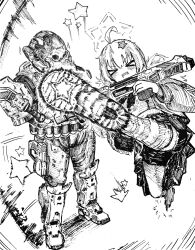 &gt;_&lt; 1boy 1girl :d absurdres ahoge armor assault_visor blue_archive crossover emile-a239 gun hair_ornament halo halo:_reach halo_(series) highres jacket jumping kicking m6d monochrome motion_lines open_mouth power_armor reisa_(blue_archive) school_uniform shiokaze1409 shotgun simple_background skirt smile socks spartan_(halo) standard_manufacturing_dp-12 striped_clothes striped_socks weapon white_background xd
