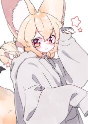 1girl :3 animal animal_ear_fluff animal_ears animal_in_clothes arm_up blonde_hair blush creature_and_personification drawstring fennec_fox fox_ears fox_girl fox_tail hair_between_eyes highres hood_basket large_ears long_sleeves looking_at_viewer megateru original personification puffy_long_sleeves puffy_sleeves rabbit_pose red_eyes simple_background sleeping_animal sleeves_past_fingers sleeves_past_wrists solo star_(symbol) tail upper_body white_background