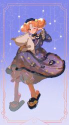 Rule 34 | :o, absurdres, animal slippers, asymmetrical footwear, blue slippers, bow, bowtie, double bun, dress, facing viewer, frilled shorts, frilled sleeves, frills, full body, hair bun, hand up, highres, himitsu no aipri, holding, holding pillow, long sleeves, looking to the side, medium dress, one eye closed, orange eyes, orange hair, parted bangs, parted lips, pillow, pipo (pipopipopo00), pretty series, purple bow, purple bowtie, purple dress, shinomiya rinrin, shorts, slippers, star (symbol), star print, white shorts, wide sleeves