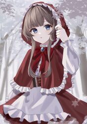 1girl absurdres alternate_costume blue_eyes brown_hair capelet corset dress genshin_impact headdress highres hood hood_up hooded_capelet long_sleeves medium_hair pomufuwari red_capelet red_hood sandrone_(genshin_impact) sidelocks solo tree white_dress