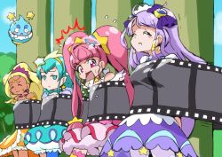 4girls :o amamiya_elena aqua_dress aqua_eyes aqua_hair arms_behind_back asymmetrical_legwear bad_id bare_shoulders blonde_hair blunt_bangs blush blush_stickers breast_awe breast_press breasts closed_eyes constricted_pupils creature crescent crescent_earrings cure_milky cure_selene cure_soleil cure_star dark-skinned_female dark_skin day dot_nose dress earrings floating forehead forehead_jewel frilled_dress frills furrowed_brow hagoromo_lala hoshina_hikaru jewelry kaguya_madoka legs_apart long_hair looking_at_another magical_girl medium_breasts motion_lines multiple_girls necklace no_pupils no_sclera open_mouth outdoors parted_lips pink_dress pink_eyes pink_hair pointy_ears precure prunce_(precure) purple_hair scene_reference short_hair smile sphere_earrings standing star_(symbol) star_earrings star_twinkle_precure straight_hair surprised sweatdrop twintails v-shaped_eyebrows yakizakana_(yakizakana10967) yellow_dress