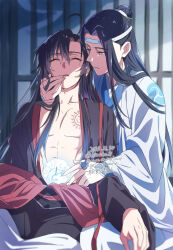 2boys abs ahoge bare_pectorals bishounen black_hair black_hanfu chest_tattoo chinese_clothes closed_eyes collarbone dated glowing_tattoo hair_down hair_ribbon half_updo hand_in_another&#039;s_hair hand_on_another&#039;s_face hand_on_another&#039;s_stomach hanfu headband highres hug hug_from_behind indoors kimako_(kimako_8) lan_wangji long_hair long_sleeves looking_at_another male_focus modao_zushi multiple_boys navel official_alternate_hairstyle open_clothes open_robe parted_lips partially_undressed pectoral_cleavage pectorals ponytail red_ribbon ribbon robe sash sidelocks sitting stomach_tattoo tattoo topknot twitter_username watermark wei_wuxian wei_wuxian_(yiling_laozu) white_hanfu white_headband wide_sleeves xiao_guan_(headdress) yaoi yellow_eyes