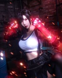 1girl bare_shoulders black_hair black_skirt blurry blurry_background breasts cosplay cosplay_photo earrings female_focus final_fantasy final_fantasy_vii final_fantasy_vii_remake gauntlets gloves highres ja10888 jewelry korean_(nationality) large_breasts long_hair looking_at_viewer photo_(medium) real_life red_eyes skirt solo square_enix tank_top tifa_lockhart tifa_lockhart_(cosplay) white_tank_top