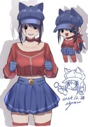1girl :d :p artist_name black_eyes blue_gloves blue_hat blue_skirt c: cabbie_hat chibi choker clenched_hands cool_mita_(miside) cropped_shirt dated doodle_inset gloves hashtag-only_commentary hat highres hitachi_magic_wand long_hair looking_at_viewer miside mita_(miside) multiple_views open_mouth ponytail red_choker red_shirt red_thighhighs sex_toy shirt sidelocks signature simple_background skirt smile standing teardrop_facial_mark thighhighs tongue tongue_out vibrator white_background zhymao