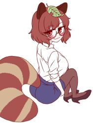 1girl :3 animal_ears black_shoes blue_skirt blush breasts brown-framed_eyewear brown_eyes brown_hair brown_pantyhose closed_mouth commentary_request full_body futatsuiwa_mamizou glasses high_heels ketsumaimo large_breasts leaf leaf_on_head long_sleeves looking_at_viewer mib_mamizou office_lady pantyhose pencil_skirt raccoon_ears raccoon_girl raccoon_tail semi-rimless_eyewear shirt shoes short_hair simple_background sitting skirt sleeves_rolled_up smile solo tail touhou under-rim_eyewear white_background white_shirt