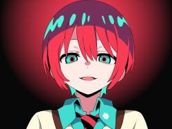 1girl absurdres amate_yuzuriha aqua_eyes collared_dress dress gundam gundam_gquuuuuux hair_between_eyes highres looking_at_viewer maorisu_henkyo_haku necktie open_mouth red_hair school_uniform short_hair smile solo sweater