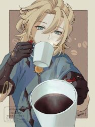 1boy albedo_(genshin_impact) aqua_eyes black_gloves blonde_hair blue_eyes blue_shirt braid coffee coffee_beans coffee_mug cup drinking genshin_impact gloves hair_between_eyes half_up_half_down_braid highres holding holding_cup kemono_j male_focus mug shirt smile vision_(genshin_impact)
