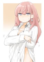 1girl akara_kai atlanta_(kancolle) blush breasts brown_hair earrings gloves highres jewelry kantai_collection long_hair looking_at_viewer shirt solo star_(symbol) star_earrings sweat white_gloves white_shirt