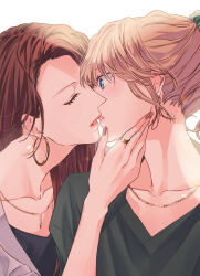 Rule 34 | 2girls, black shirt, blue eyes, brown hair, character request, closed eyes, closed mouth, collarbone, commentary, earrings, eyelashes, green scrunchie, green shirt, hair ornament, hair scrunchie, hand on another&#039;s face, hazuki ruri, highres, hoop earrings, imminent kiss, jacket, jewelry, long hair, multiple girls, nail polish, necklace, open clothes, open jacket, original, parted lips, ponytail, red hair, red lips, red nails, ring, scrunchie, shirt, simple background, turning head, upper body, v-neck, white background, white jacket, yuri