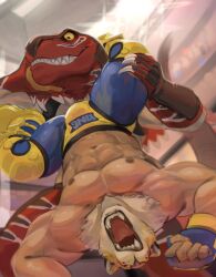 2boys abs absurdres bara bare_pectorals biceps bulge character_name claws commentary dangpa english_commentary fangs furry furry_male gloves highres king_(tekken) king_of_dinosaurs knee_pads leg_grab looking_at_another male_focus masked multiple_boys muscular muscular_male navel nipples open_mouth pectorals tekken the_king_of_fighters topless_male upside-down wrestling wrestling_outfit