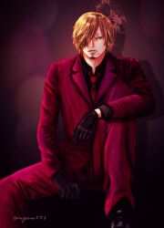 1boy black_gloves blonde_hair cigarette commentary_request curly_eyebrows facial_hair formal_clothes gloves goatee hair_over_one_eye highres male_focus mustache necktie one_piece oregano551 sanji_(one_piece) short_hair sitting smoke solo suit twitter_username