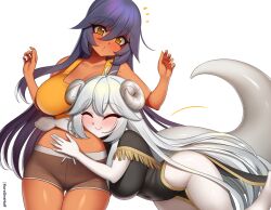 2girls antenna_hair barefoot black_dress black_hair black_shorts blush breasts china_dress chinatsu_(kuroonehalf) chinese_clothes cleavage closed_eyes collarbone commission dark_skin dress grey_hair horns hug kuroonehalf large_breasts long_hair looking_down midriff multiple_girls original parted_lips shirt short_sleeves shorts side_slit smile standing surprised tail tank_top teeth white_background yellow_eyes yellow_shirt